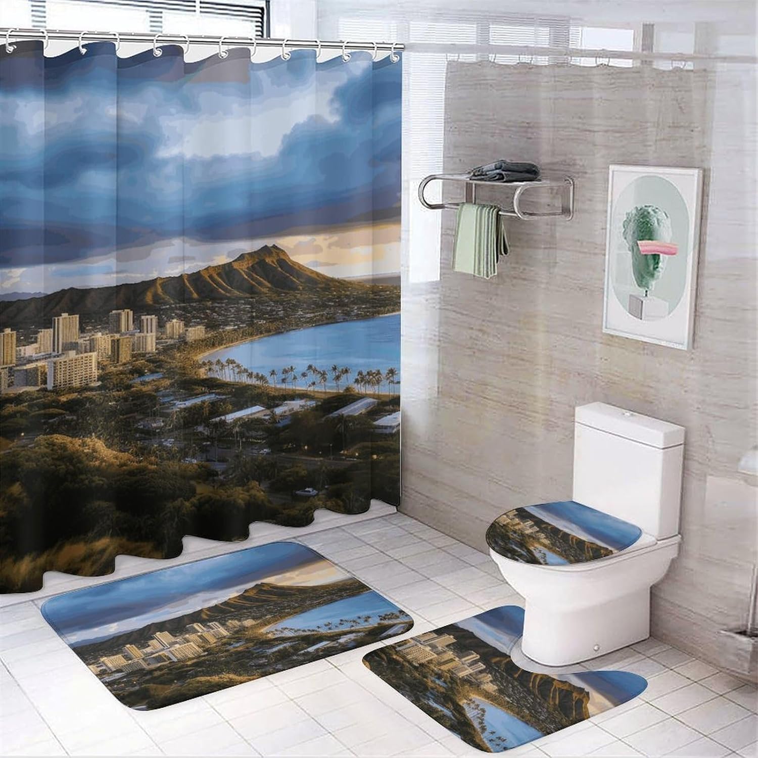 Hawaii Skyline Diamond Head Volcano Shower Curtains Set 4 Piece with Non-Slip Rugs, Toilet Lid Cover and Bath Mat Soft Bathroom Carpet Waterproof Bathroom Curtain with 12 Hooks for Bathroom Decor