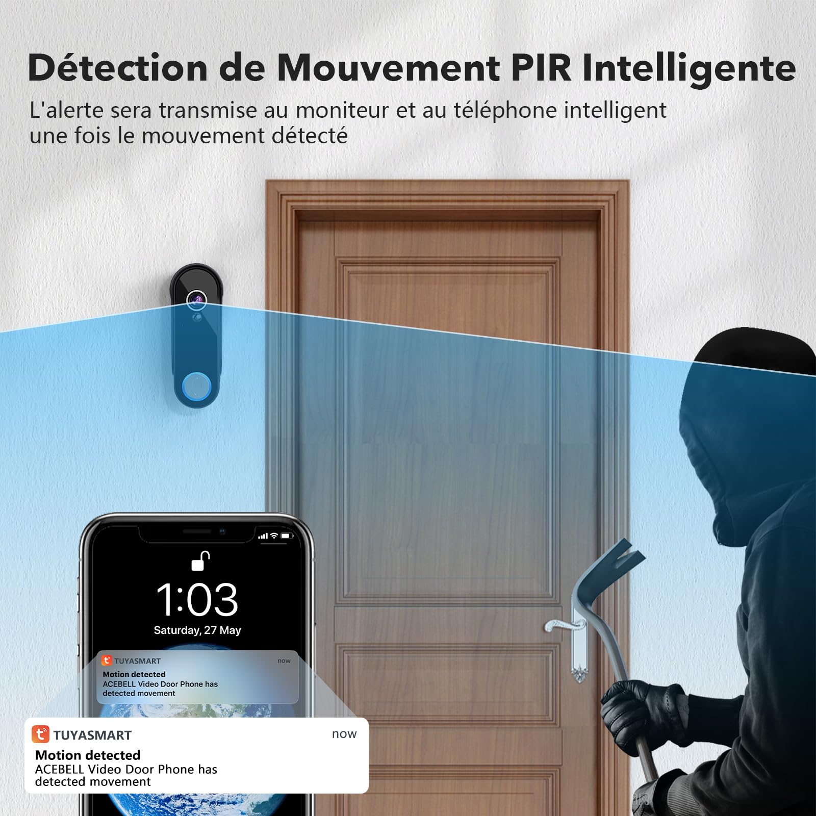 1080P WiFi Visiophone Sans Fil,Interphone Vidéo Sans Fil avec Écran Tactile 7'', Étanche Sonnette de Camera ave Batterie Rechargeable, Vision Nocturne, PIR Détection de Mouvement, Contrôle APP