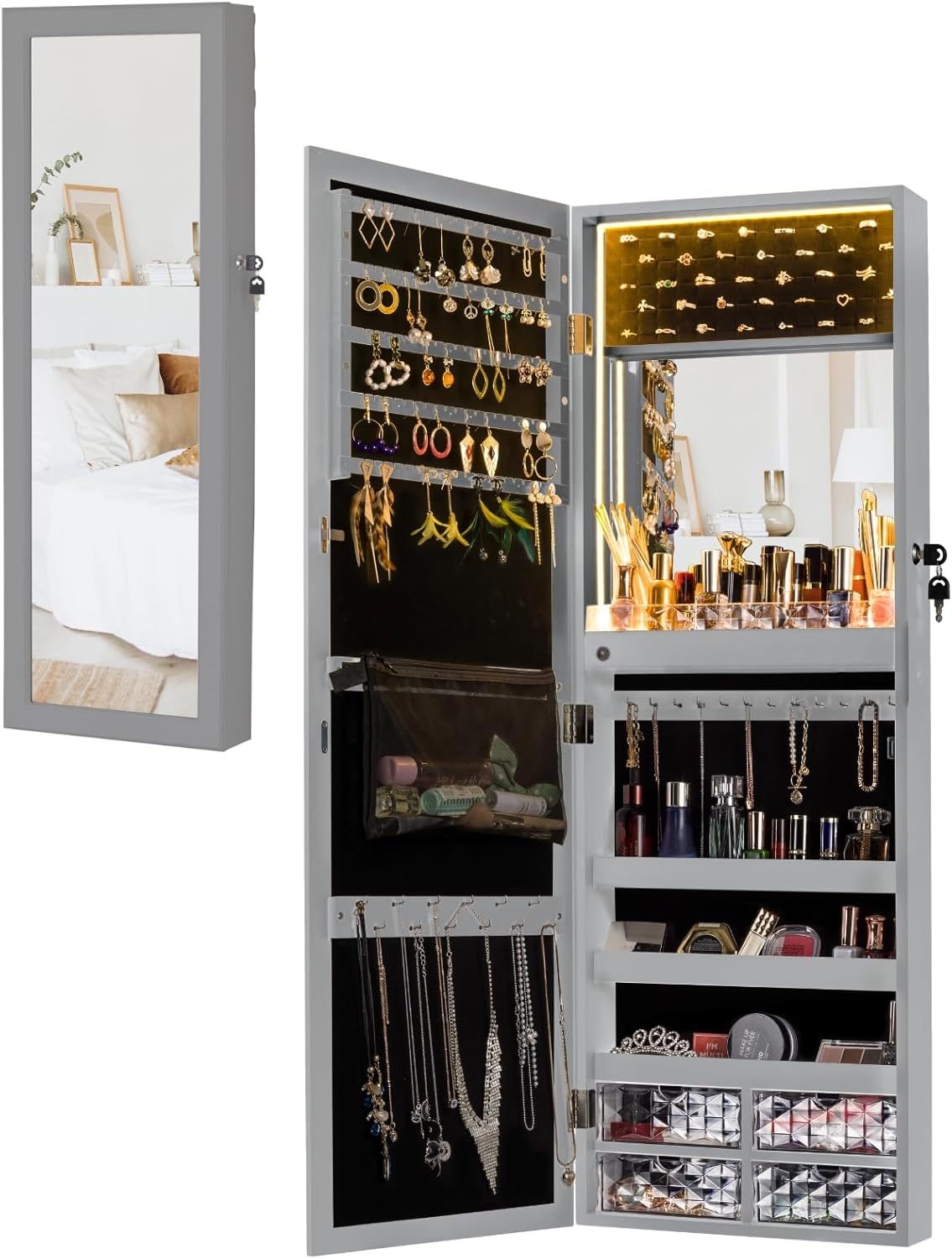 LUXFURNI Mirror Jewelry with LED Lights, Wall Mount