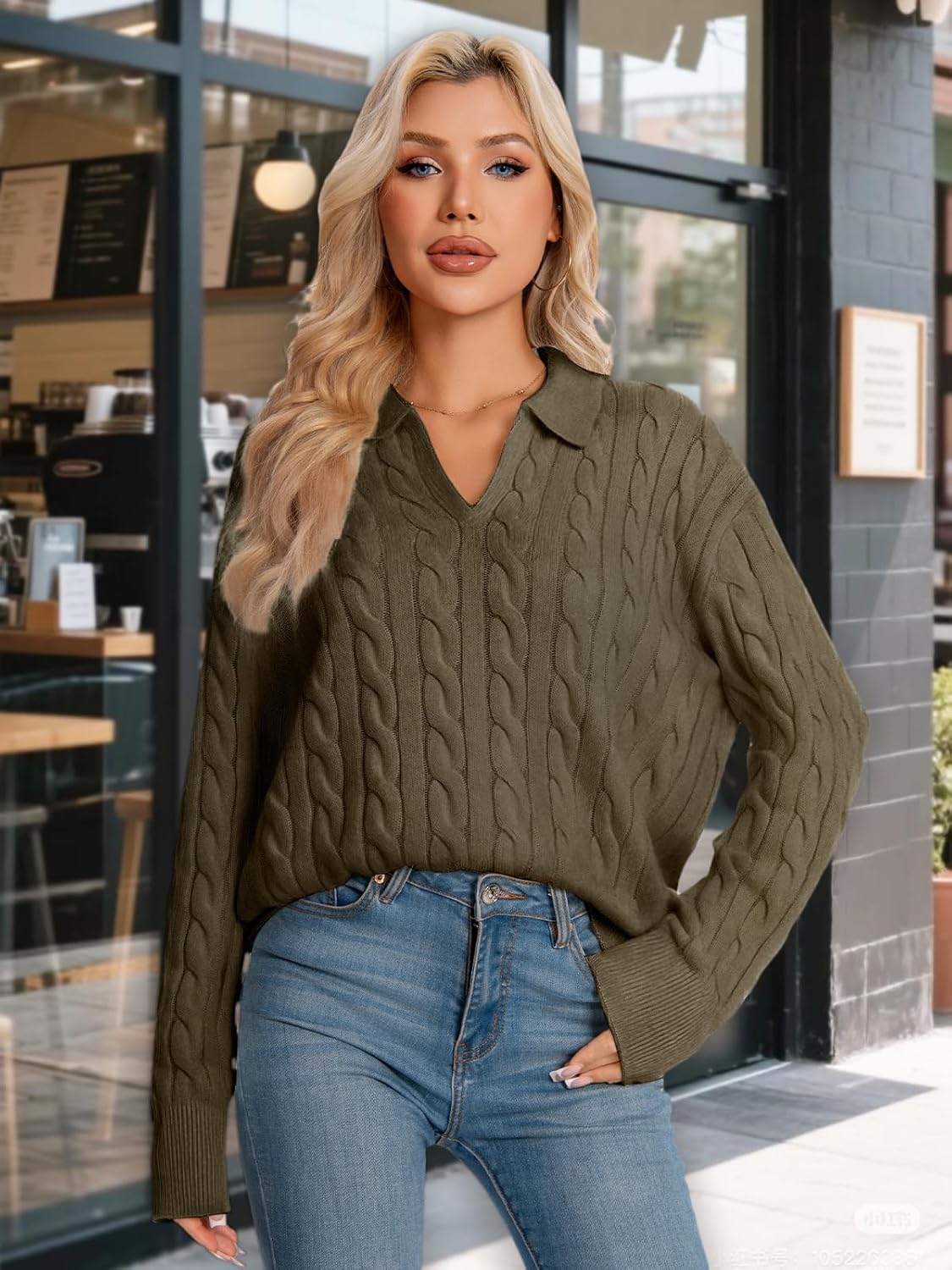 Womens Oversized Cable Knit Sweater Fall Fashion 2026 Lapel V Neck Chunky Pullover Tops Causal Winter Outfits - Image 6