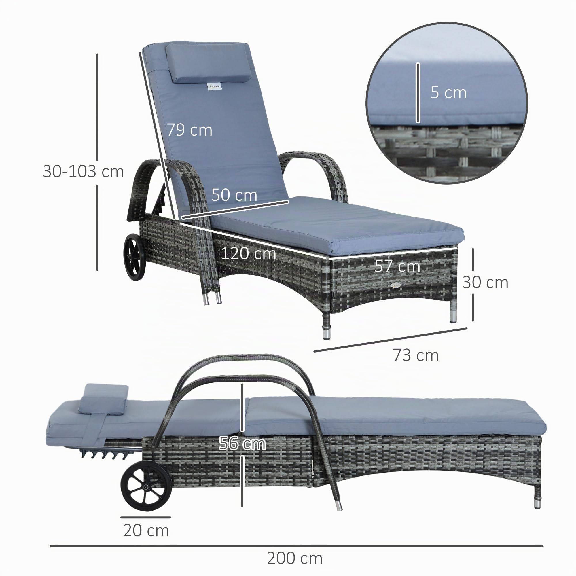 Outsunny Gartenliege Neigbarer Rückenlehne 200 x 73 x 30-103 cm Grau