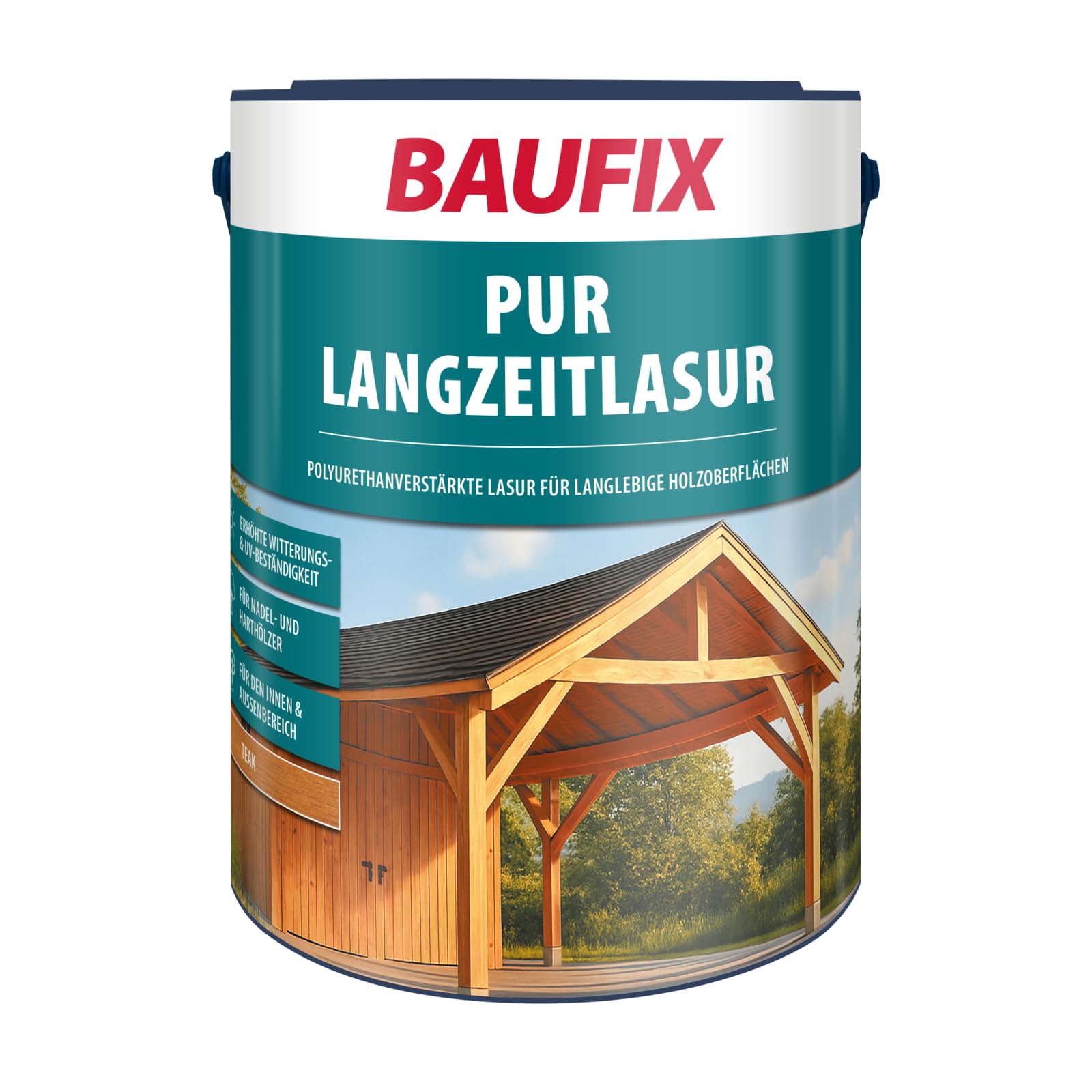 BAUFIX PUR Langzeitlasur Teak, seidenglänzend, 5 L – Holzlasur für Innen & Außen