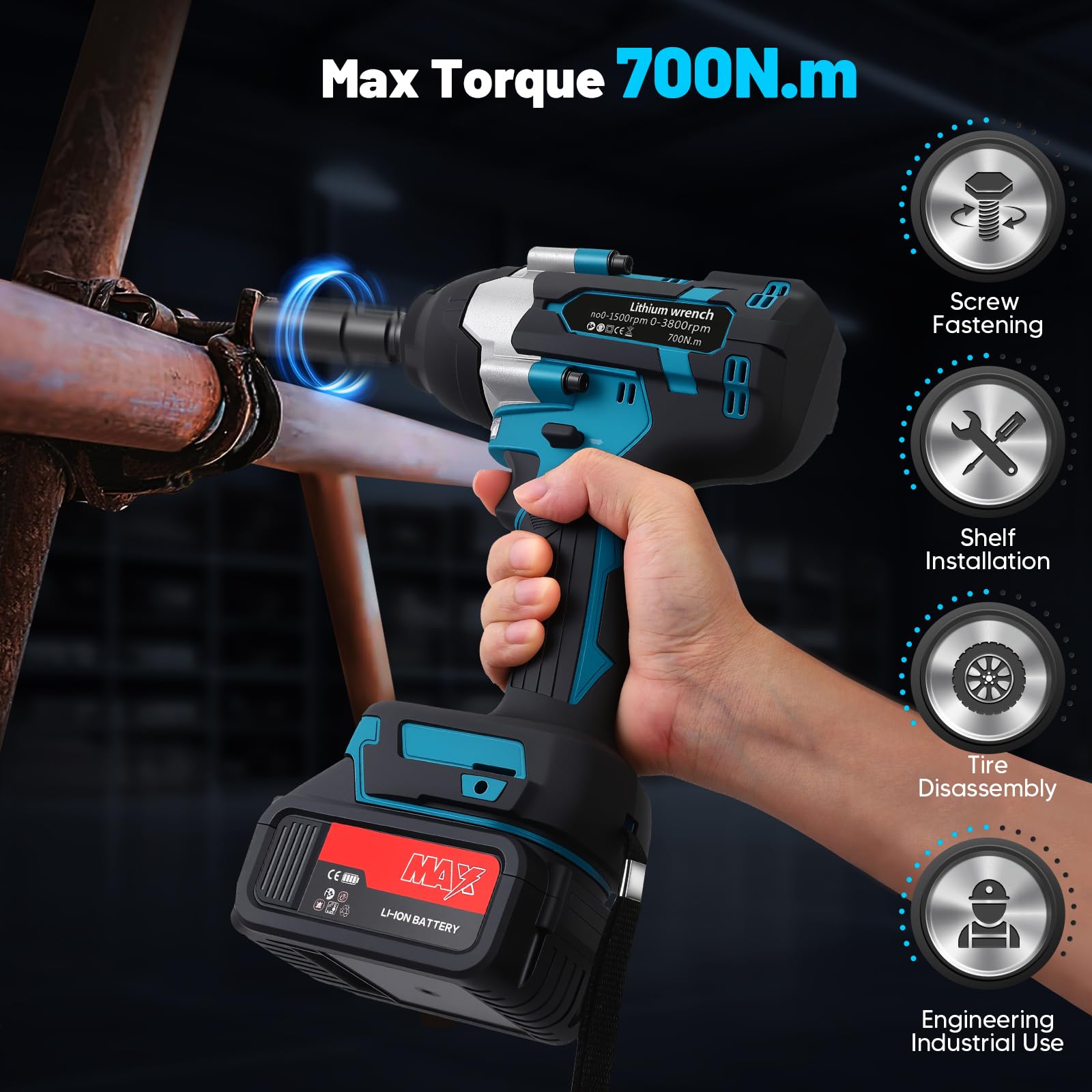 Avvitatore a impulsi 700N, con 2 batterie, 3 Velocità variabili, Arresto freno, LED Avvitatore a percussione, Avvitatore impulsi batteria, per riparazioni auto, Fai da te