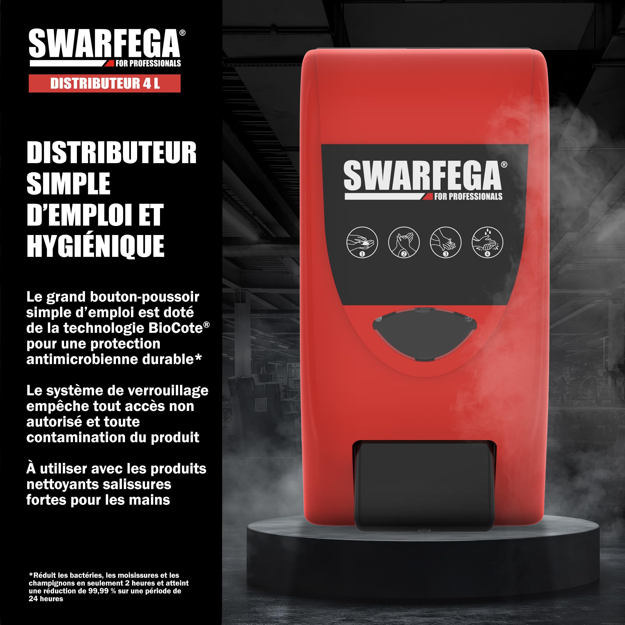 Swarfega Distributeur Mural pour Nettoyant Mains – Plastique Robuste – Facile à Installer – 4 litres – Réservé à Un Usage Professionnel