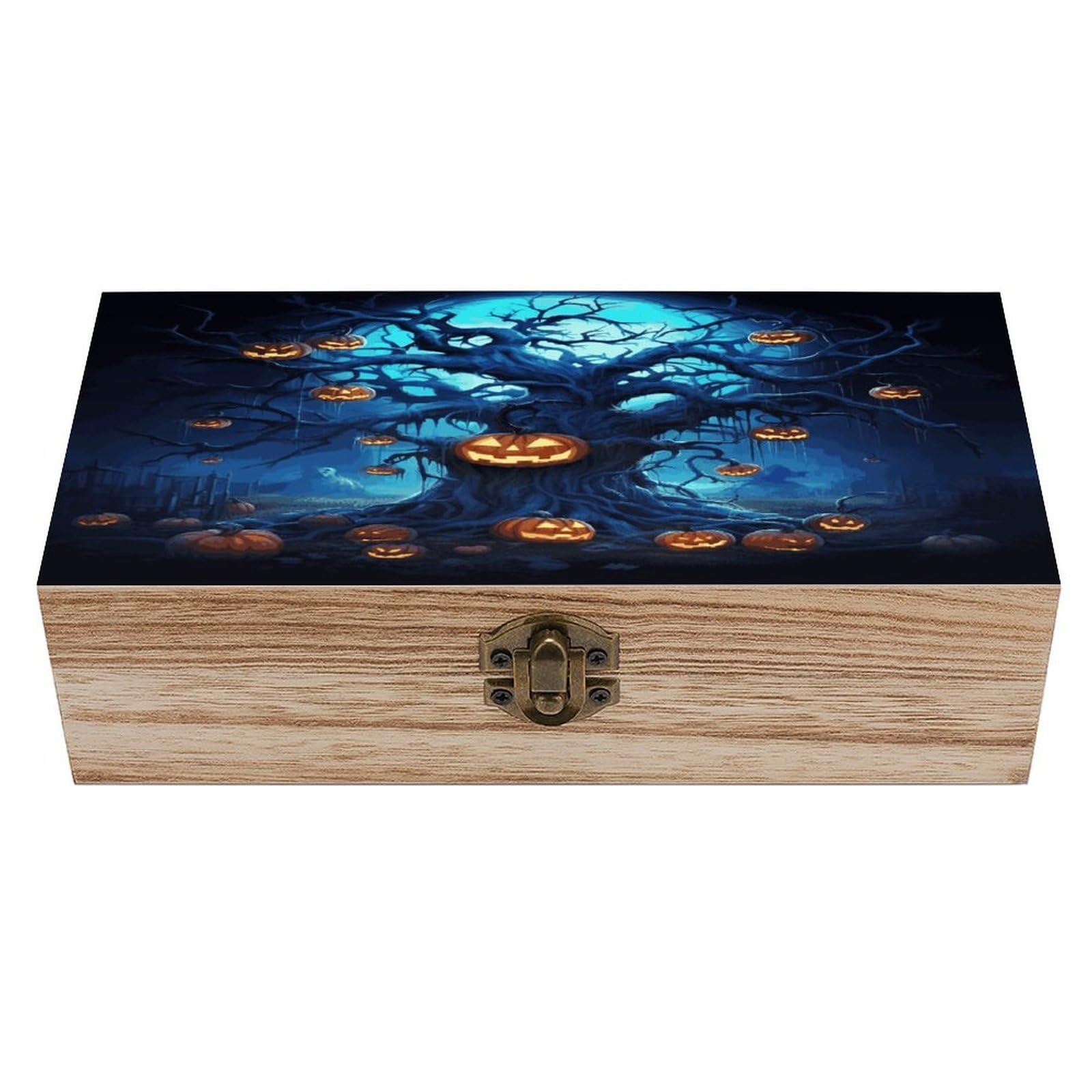 Btcowzrv Style Halloween Pumpkin Tree Blue Wooden Storage Box, Keepsake Box With Hinged And Retro Lock, Wood Jewelry Organizer For Photos & Mementos And Home Decor