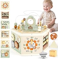 Joyreal 11-in-1 Wooden Montessori Activity Cube - Animal Theme Toddler Toy for 1+ Year Olds, Educational Bead Maze & Abacus, Perfect 1st Birthday Gift