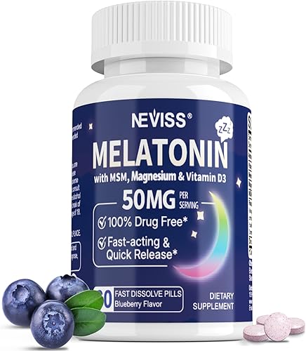 NEVISS Melatonina 50 mg para Adultos - Fuerza Extra 9-en-1 de Disolución Rápida Sublingual - Dosis Alta con Glicinato de Magnesio, Vitamina D3,