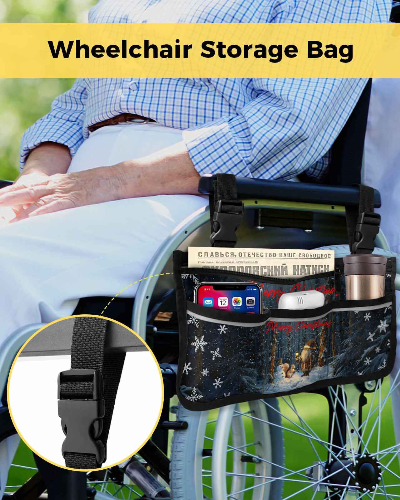 Anzona Merry Christmas Wheelchair Side Bag Walker Bag, Winter Santa Snowman Squirrel Snowflake Wheelchair Accessories Armrest Pouch, Organizer Storage Bag for Walkers, Rollators, Scooters, 7.3''x13''