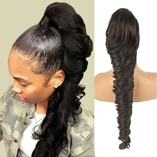 KRSI Extensión de cola de caballo con cordón ondulado de 28 pulgadas de largo para mujeres negras, extensiones de cabello rizado con clip, cola de