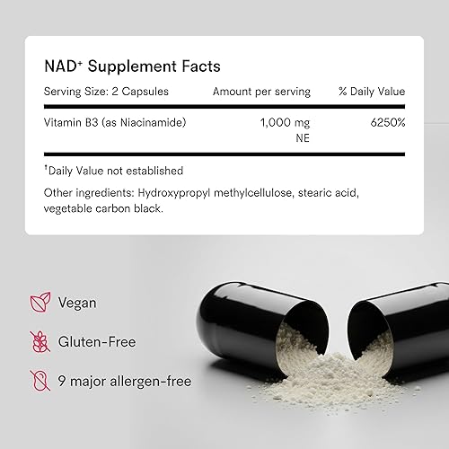 Miniatura 6 de Suplemento NAD+ con niacinamida de 1000 mg  Apoya el envejecimiento saludable, la energía, el metabolismo y la salud de la piel  Sin gluten, vegano,