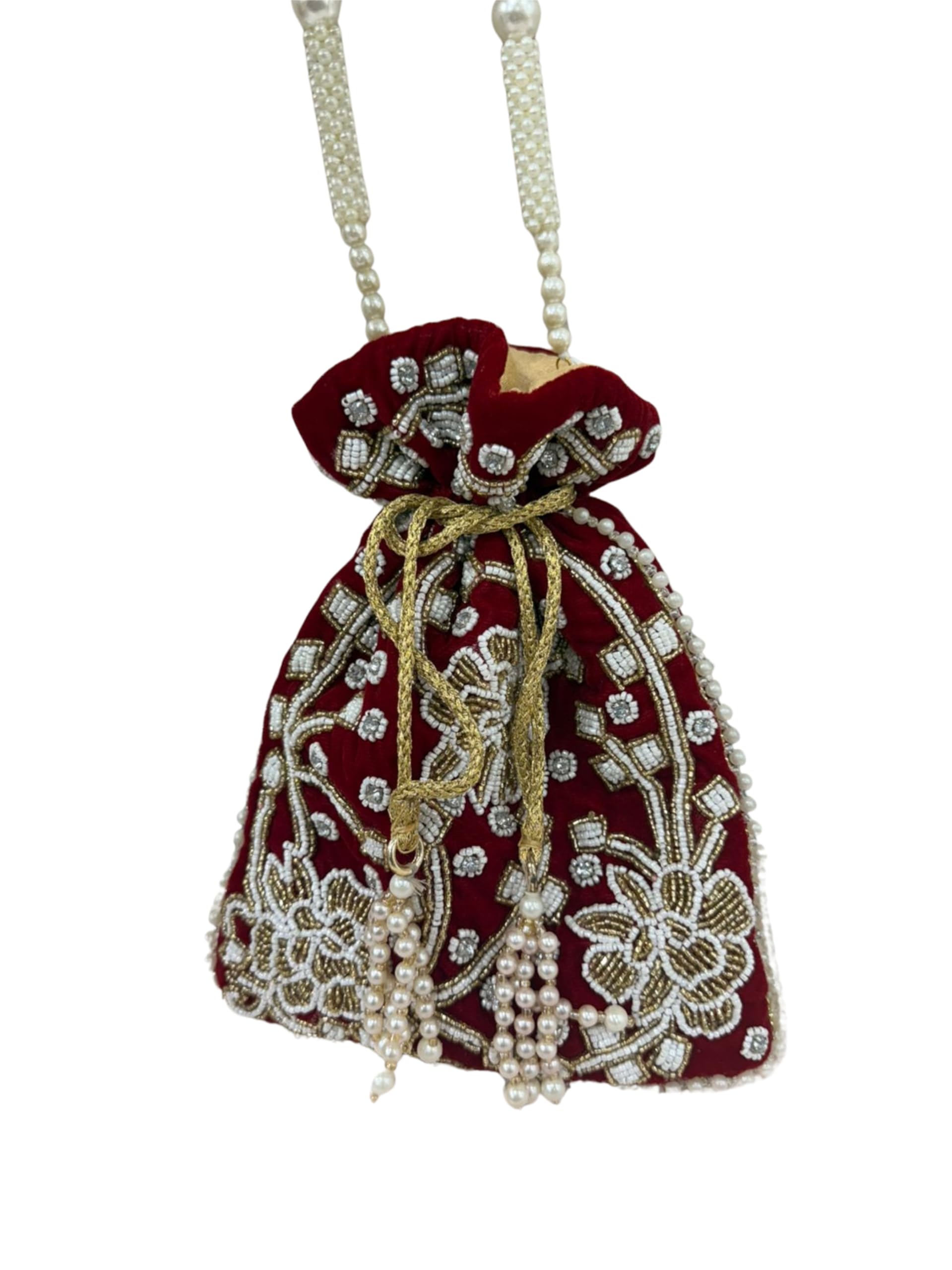 Velvet Potli Bag with Delicate Pearl Border, Braided Golden Drawstrings with Pearl Tassels (Latkans), Perfect for Weddings, Engagement & Festivals, Deep Maroon & Soft Gold, Size 9 x 7 Inches-image-16
