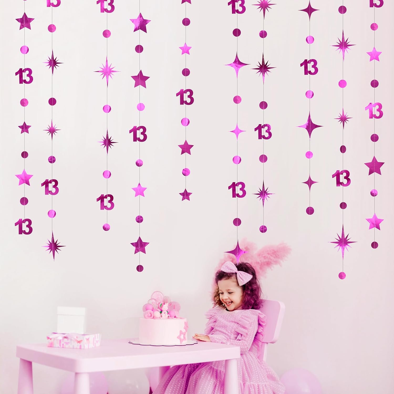 Hot Pink 13th Birthday Decorations Number 13 Circle Dot Twinkle Star Garland Hanging Streamer Banner Backdrop Girls 13 Year Old Birthday Thirteen Official Teenager 13th Anniversary Party Supplies - Image 4