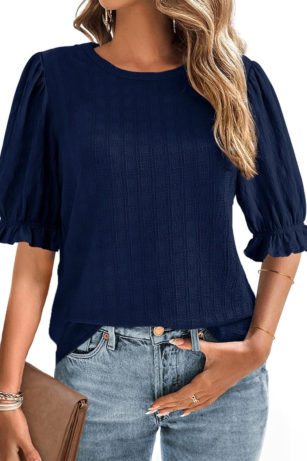 BLENCOT Tops for Women Trendy Summer Casual Balloon Half Short Sleeve Basic Textured Solid Color Round Neck T Shirts Blouse