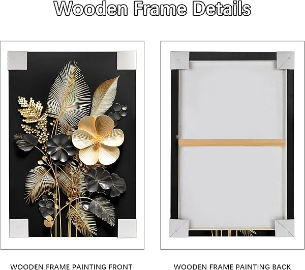 Cadre en Bois Impression sur Toile Fleurs 3D Or Noir Tableau Image sur Toile Affiche Bouquets Tropicaux de Feuilles de Cocotier Tableau Decoration Murale Salon Chambre Coucher Salle de Bains 30x40cm - 5