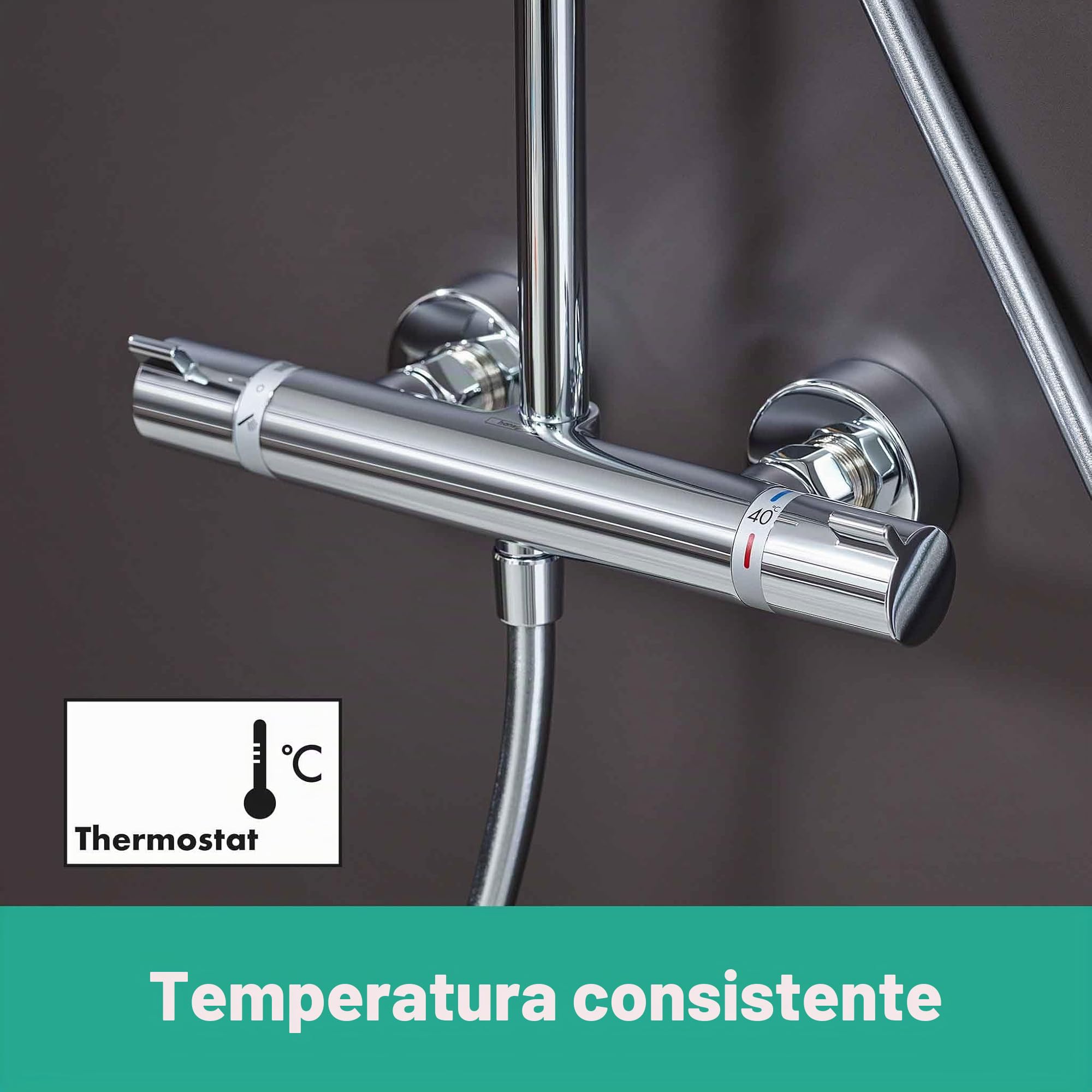hansgrohe Croma Select S - sistema de ducha con termostato, ducha lluvia (280 mm) con grifo, ducha de mano (3 tipos de chorro), flexo, barra, ducha fija redondo (1 tipo de chorro), cromo, 26790000