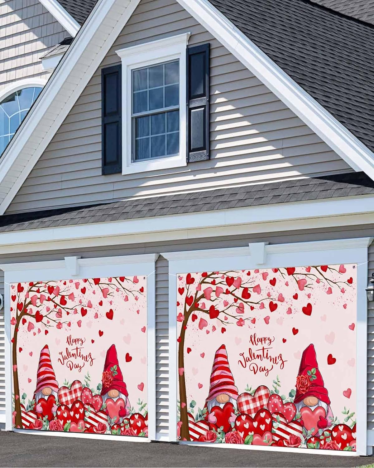 Valentine's Day Garage Door Banner Cover 7x8ft, Romantic Heart Gnomes Flower Rose Love Tree Garage Door Decorations Pink Holiday Backdrop Decor for Valentine Party Anniversary