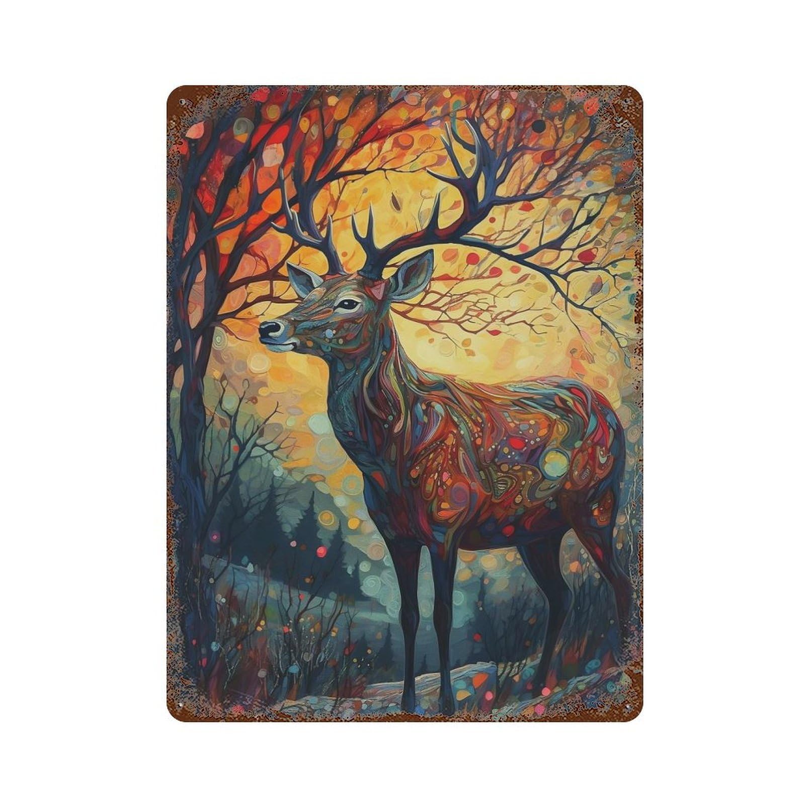 Rust Effect Deer Sunset 2 Aged Metal Wall Plaque 15.7"x11.8", Shabby Chic Decor for Living Room, Hallway And Home Decor
