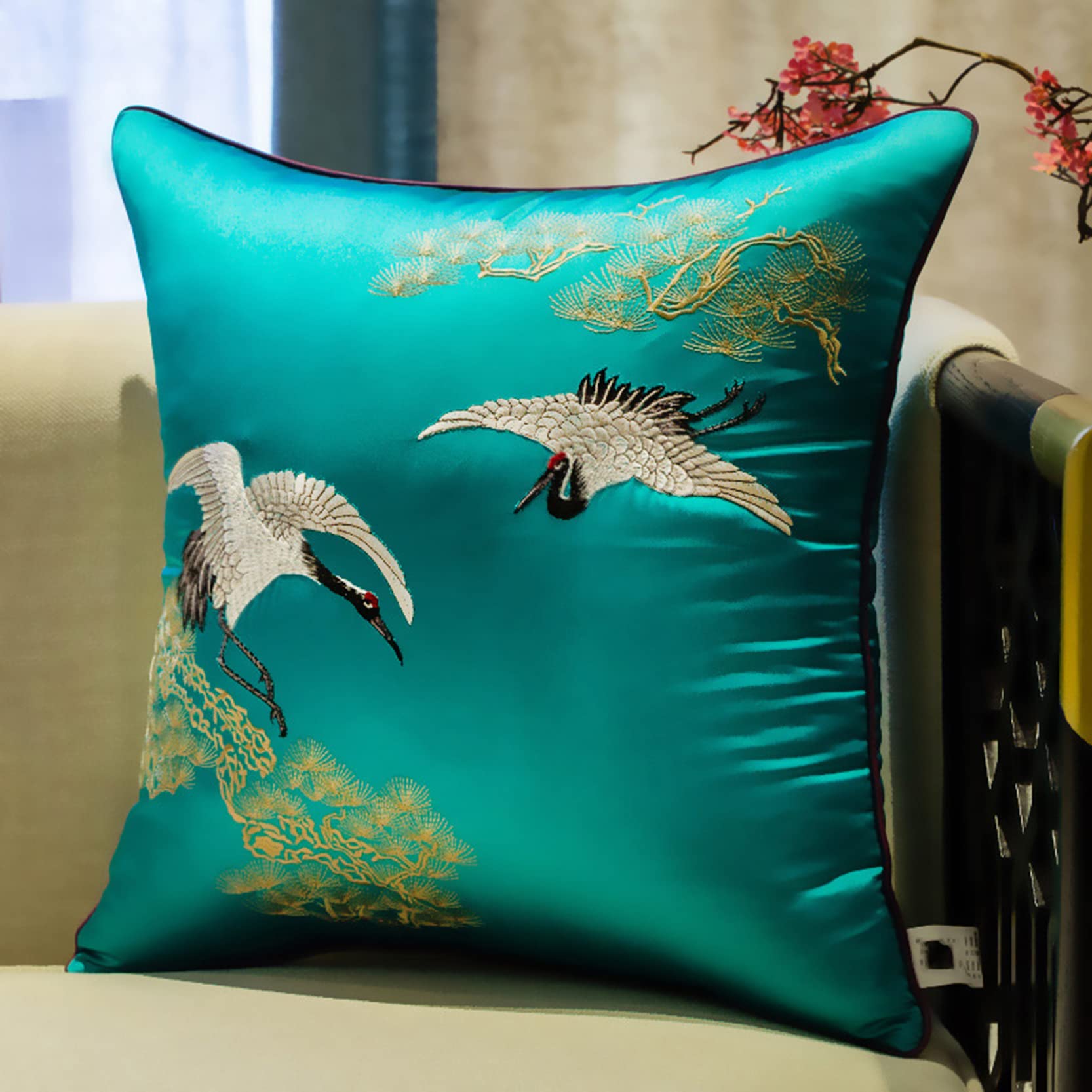 Juego de 2 fundas de cojín de satén decorativas, bordadas, fundas de almohada cuadradas, suaves y transpirables con cierre de cremallera, para sofá, sala de estar, azul lago, 40 x 60 cm