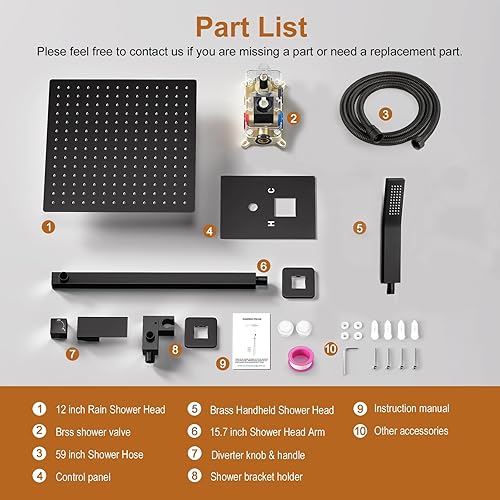 Miniatura 8 de Sistema de ducha negro mate de 12 pulgadas, cabezal de ducha de lluvia de alta presión montado en la pared con rociador de mano, juego de grifo de