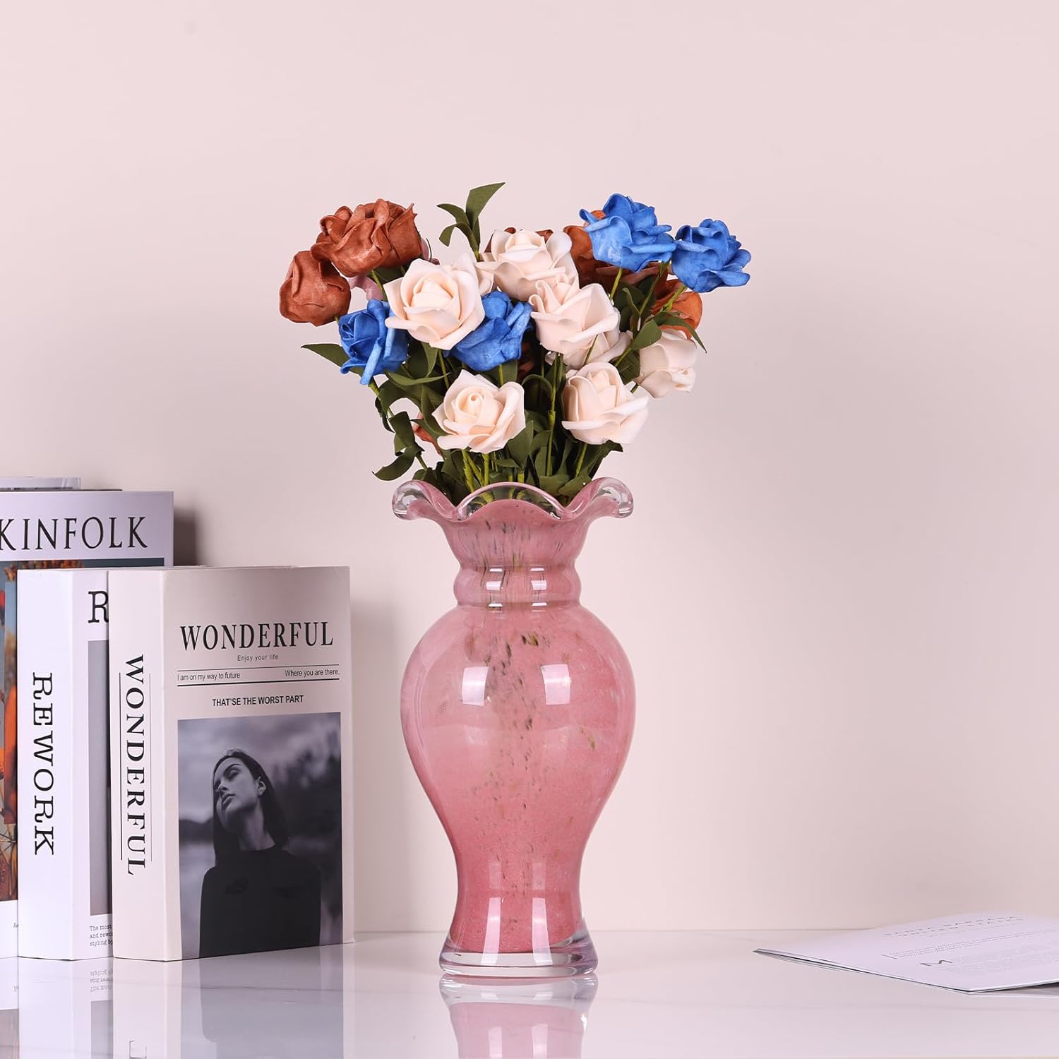 Hand Blown Glass Vase - Pink Glass Vase with Wide Mouth Decorative Centerpiece for Office, Dining Room Table, Mantelpiece and Wedding Table
