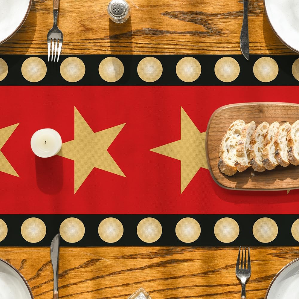 Artoid Mode Red Movie Theme with Gold Star Design Movie Night Table Runner, Red Carpet Kitchen Dining Table Decoration for Home Party Decor 13x72 Inch