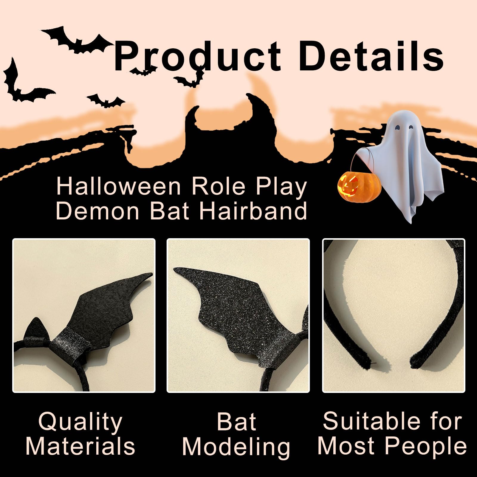 MICJLLT Halloween Bat Headband for Women,Bat Ears Headband Witch Headwear Trick or Treat Fancy Dress Costume Accessories wtih Bats Wing Shape,Halloween Headbands Adult One Size Masquerade Supplies - Image 3