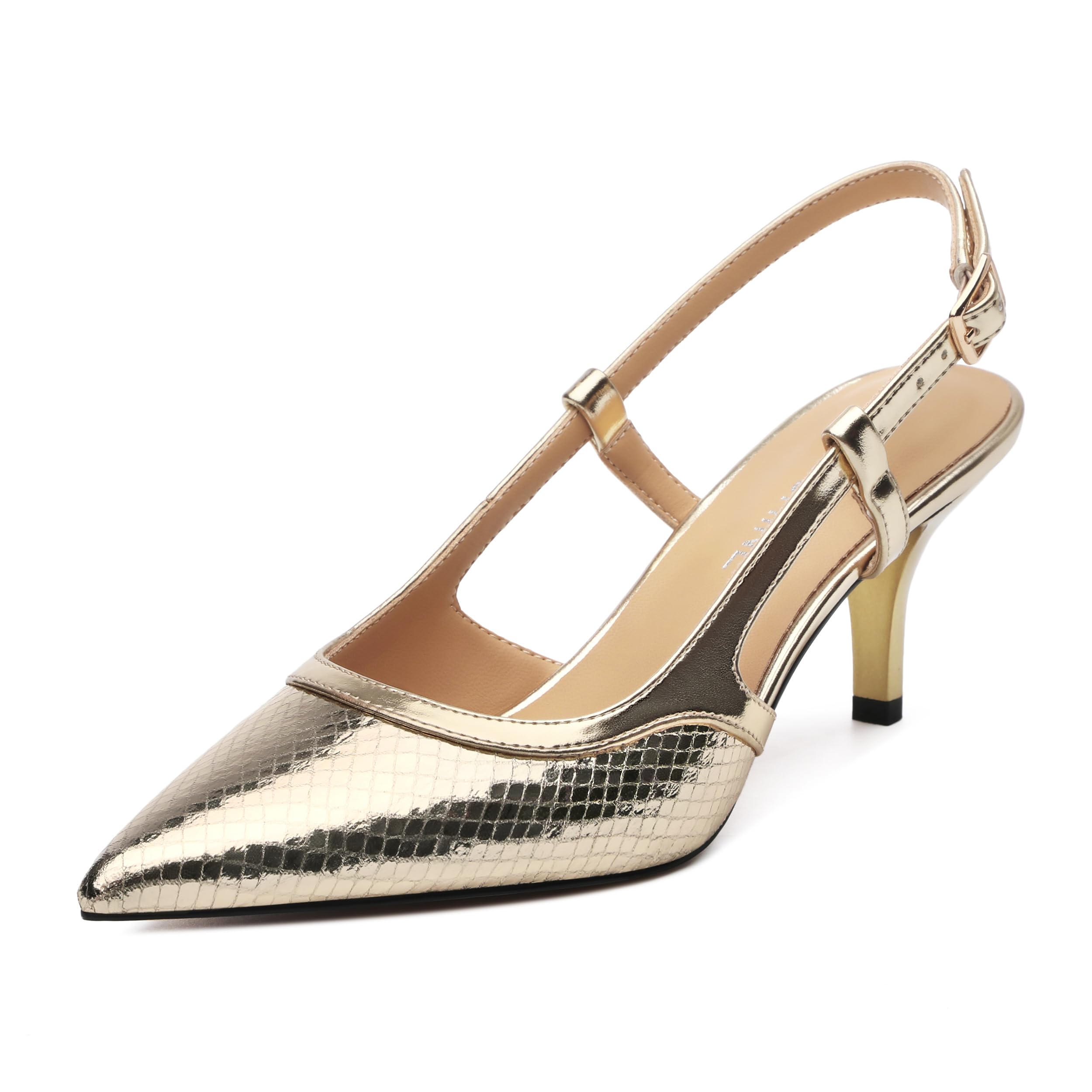 Photo 1 of DEMOSHINE Women's Gold Snake Slingback Kitten Heels