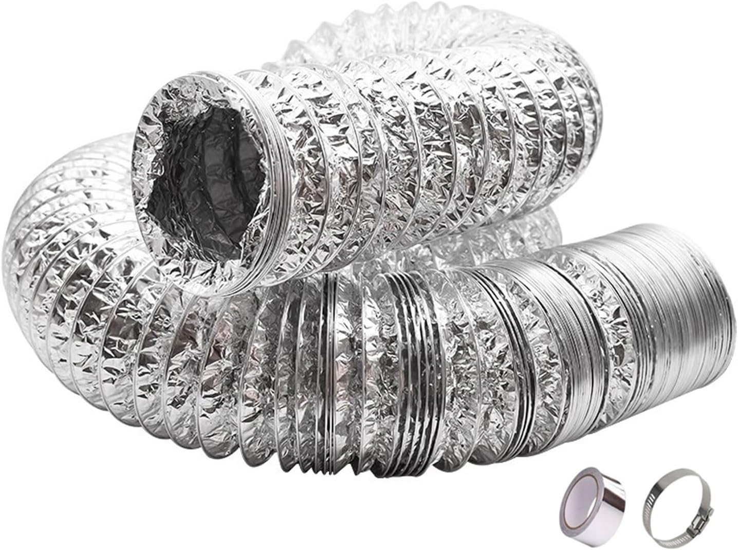Ventilation Ducting Aluminum Foil Double-Layer Thickened Air Ducting Flexible Duct Hose for Tumble Dryer, Extractor Fan, Grow Tent, 2 Clamps Include(1.5m,160mm)
