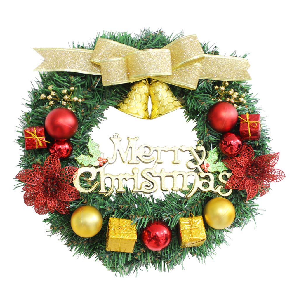 61uourGE 12'' Pre-lit Christmas Wreath Red Bow, Red and Gold Ball Berries Pine Core, Artificial Door Wreath (D)