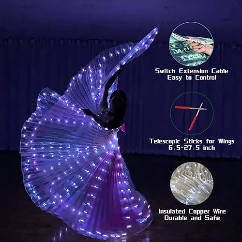 Miniatura 3 de ZFBIRD Alas de mariposa LED de Halloween, alas de ángel iluminadas, capa de polilla LED con palos telescópicos para niños y adultos