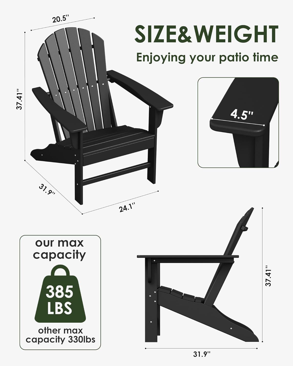 Poly Lumber Adirondack Chair Set of 2, HDPE All-Weather Resistant Outdoor Patio Chairs, Pre-Assembled Outdoor Fire Pit Chair for Pool, Deck, Backyard, Garden, Black