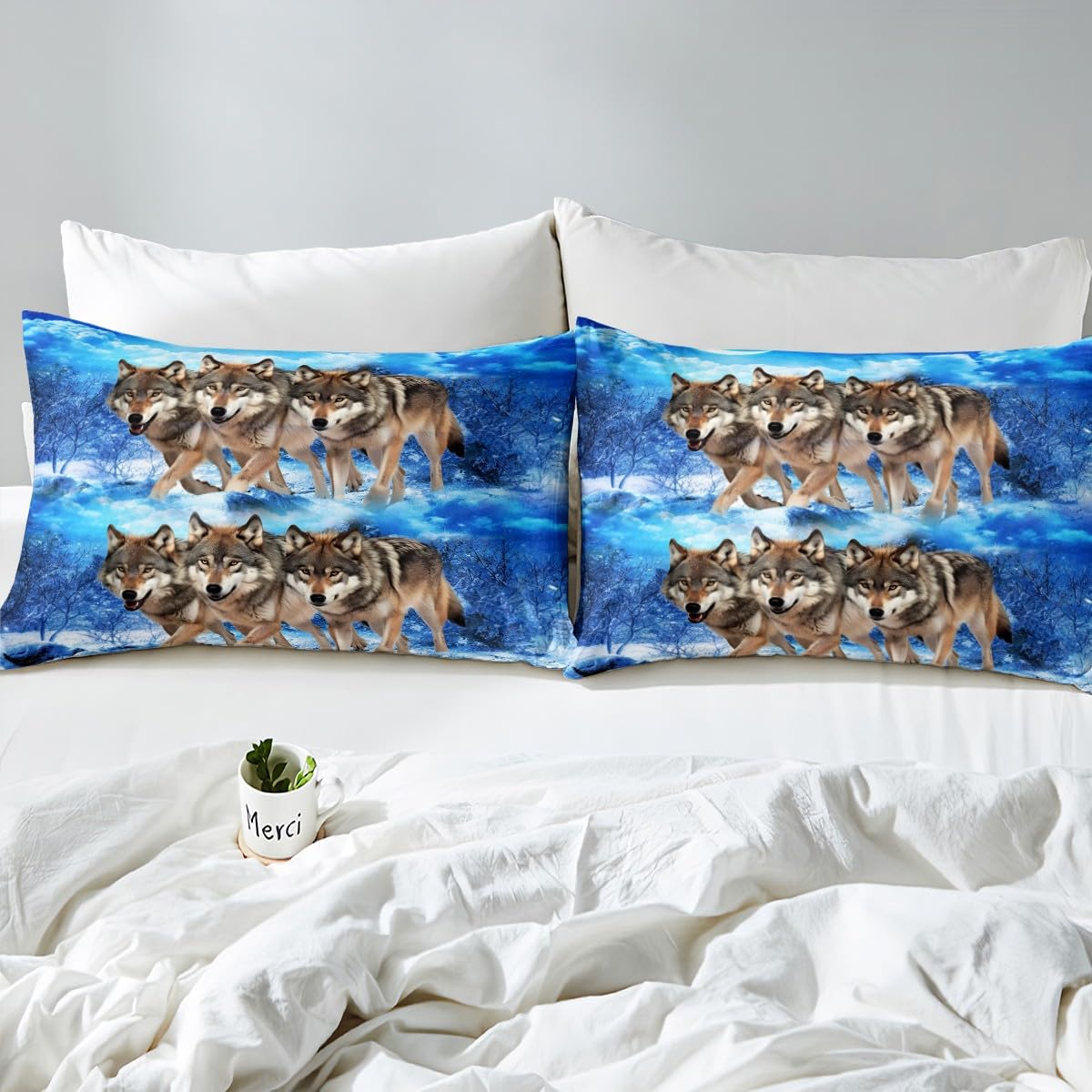 Loup Blanc Dans La Forêt Parure De Lit 3 Pieces 1 Housse De Couette 200*200cm Et 2 Taies D'oreillers 63*63cm - Maison