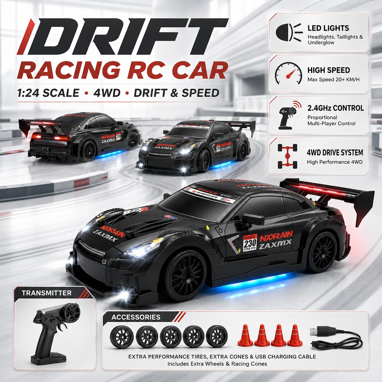 FLYTEK RC Drift Car - LED Lights & Spare Tyres -8