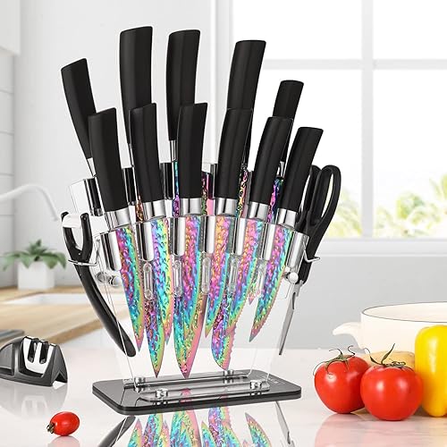 Miniatura 5 de Juego de cuchillos de cocina antiadherentes con almacenamiento de madera, cuchillo de carne dentado, cuchillo de chef, tijeras con afilador, 15