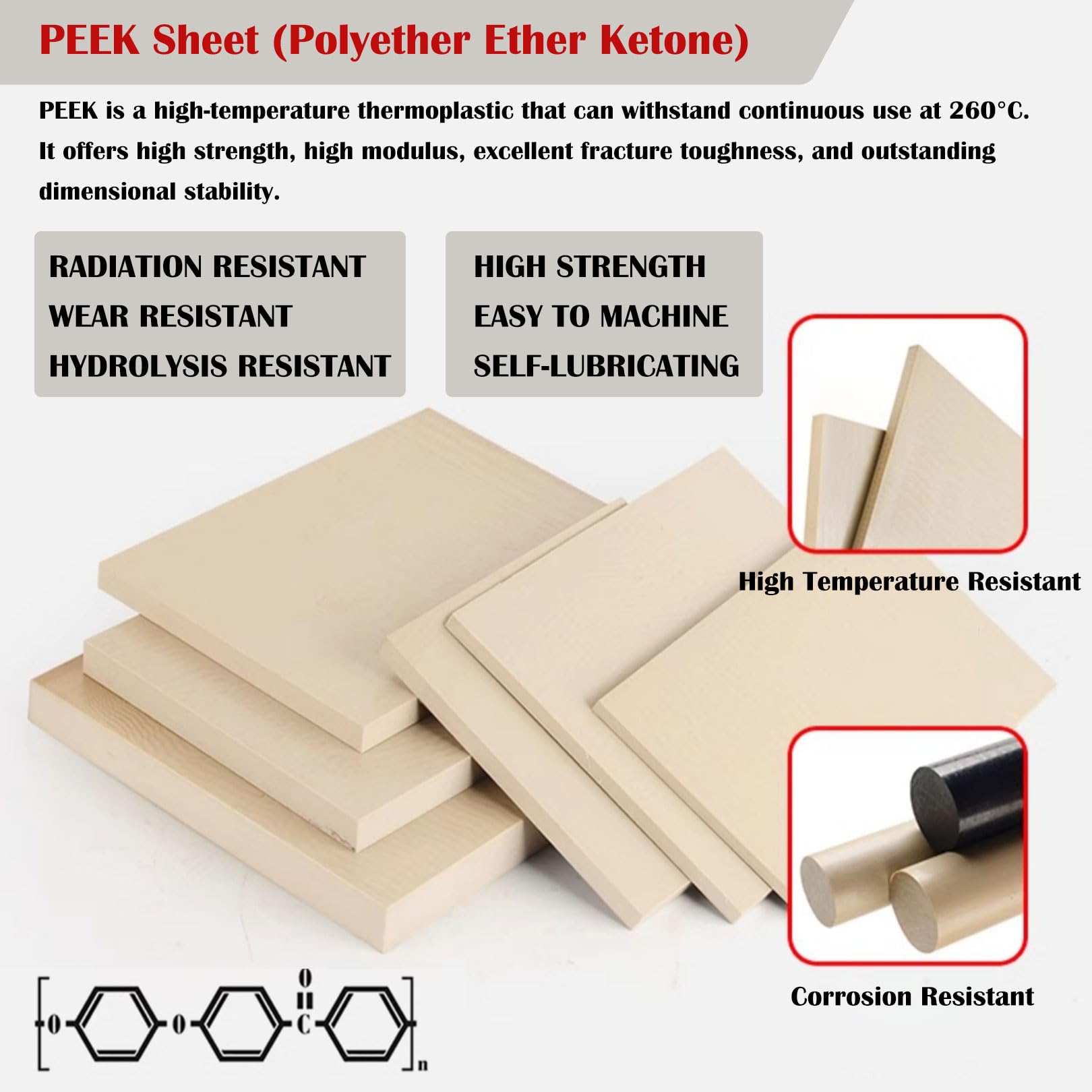 Lastra Peek Anti-Static, Lastra Plastica Polietere Conduttiva Alta Temperatura, Materiale Peek Avanzato per Uso Industriale e Fai da Te,50×100×4mm