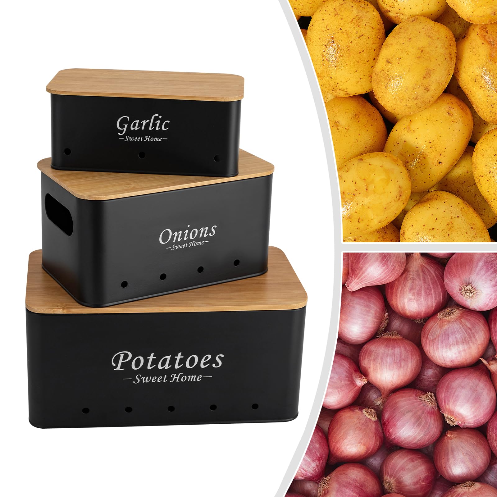 Kartoffel Aufbewahrungsbox 3er Set, Aufbewahrungsbox Küche für Zwiebeln/Kartoffeln/Knoblauch, Aufbewahrung Küche mit Belüftungslöchern, 3 Größen, Schwarz