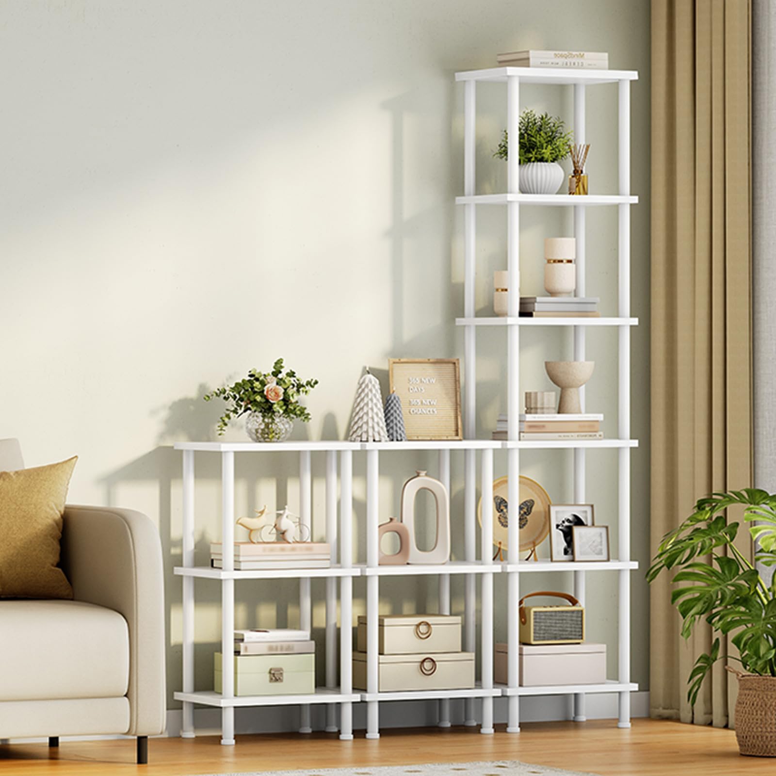 HOOBRO Étagère à 6 Niveaux, Étagère de Rangement Rétro, Serrage Croisé, Bibliothèque Industrielle, Présentoir en Panneaux de Particules, pour Salon, Bureau, Blanc EWW165SJ01
