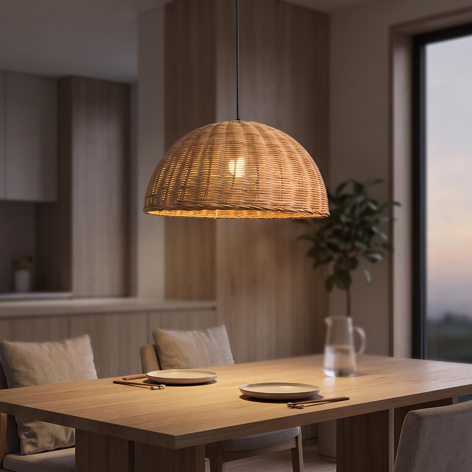 Lampadario in Rattan Regolabile Luce Calda, Lampada a Sospensione in Rattan, Illuminazione, per Caffetteria, 50CM