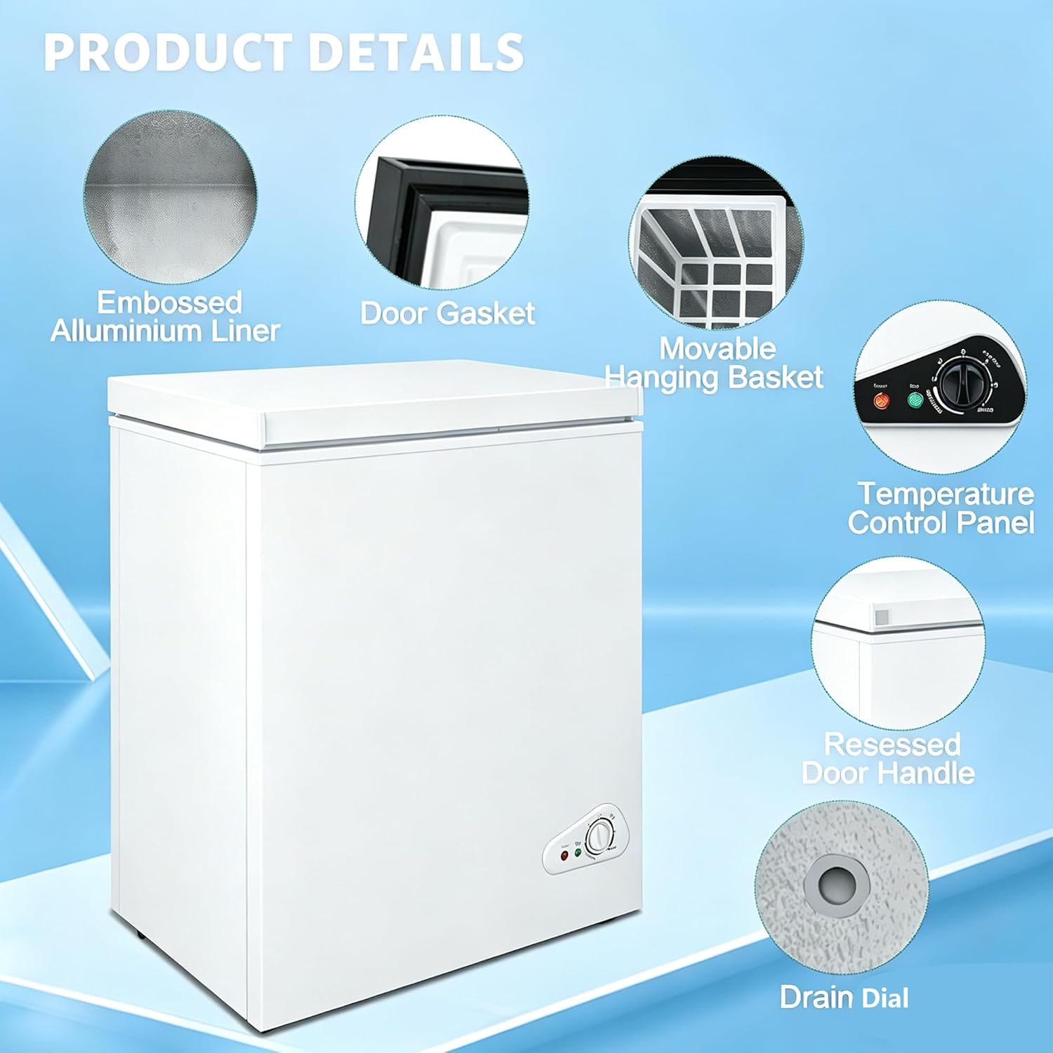 Compact Deep Freezer, 5.2 Cu Ft Chest Freezer with 6 Adjustable Thermostat, Top Open Door Freezer with Removable Basket, Energy Saving Freezer for Home, Apartment, Office, White