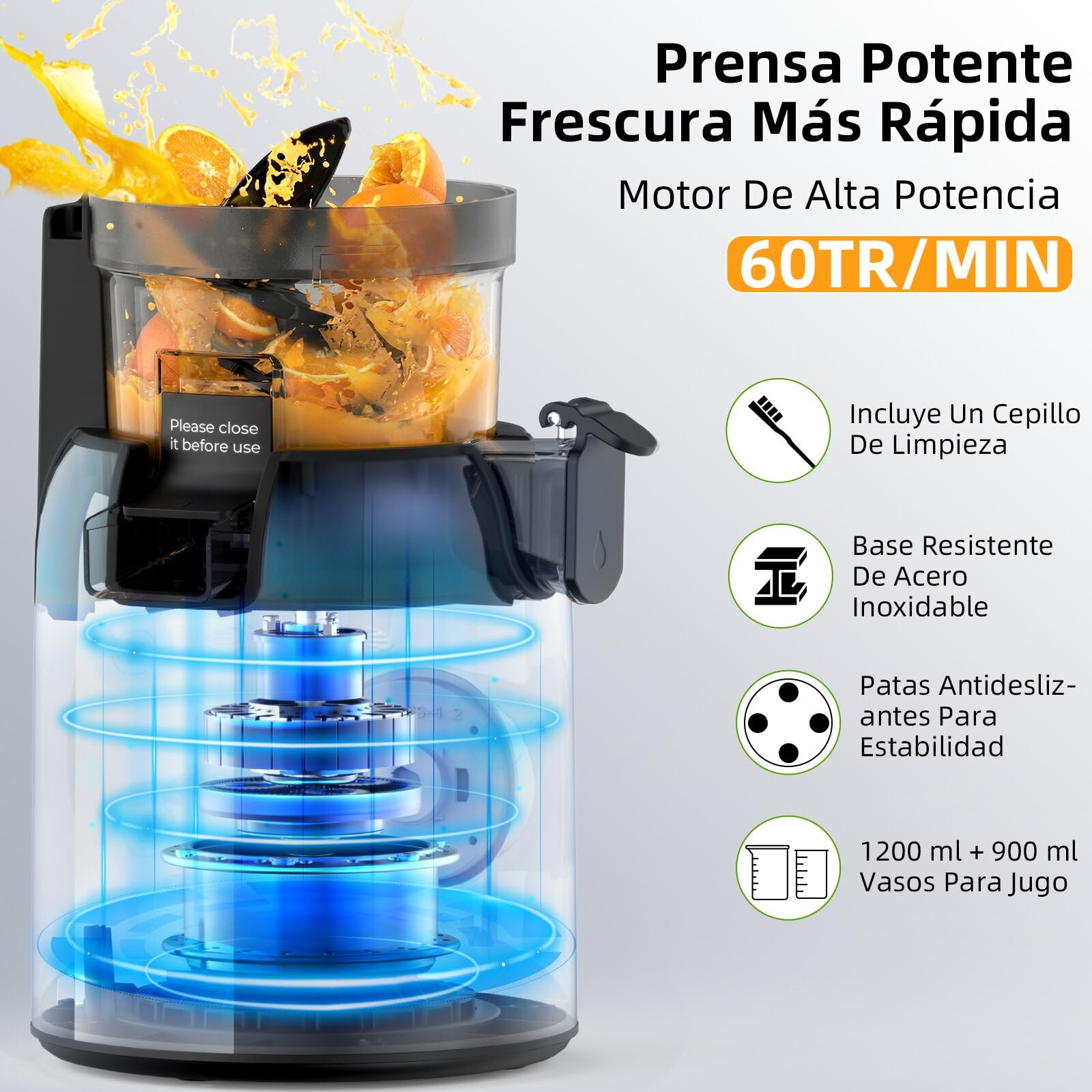 FIMEI Extractor de Zumos y Verduras, Licuadora Prensado en Frio para Verduras Frutas Enteras con Apertura de 135 MM, Fácil Montaje y Limpieza, Extractor de Jugo Incluye 2 Vasos, Sin BPA, Base inox