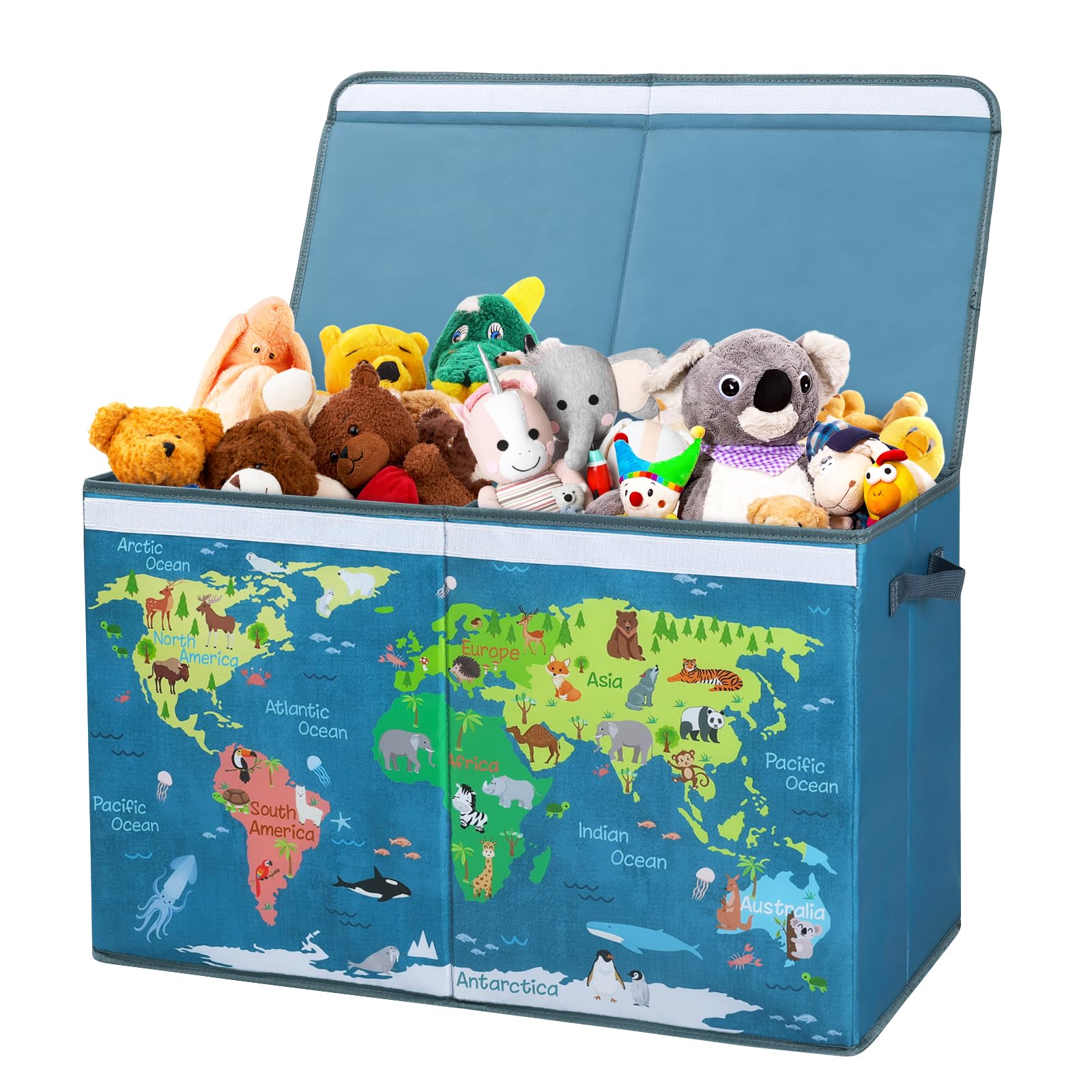 Decalsweet Kids Large Toy Storage Box with Lid,Foldable Oxford Toy Storage Organizer Box for Boys Girls-65×30×40cm-Toy Chest with Handles for Bedroom Nursery,World Map