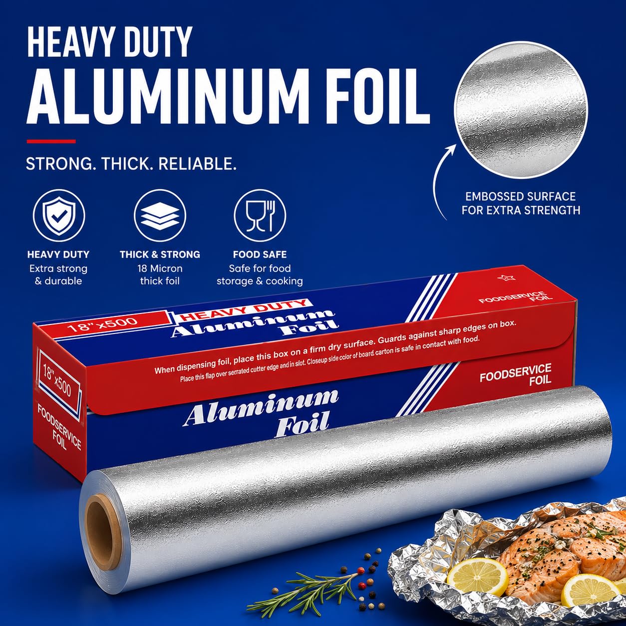Papel de aluminio resistente, 18 pulgadas x 500 pies, grado industrial comercial, servicio de alimentos, envoltorio, grueso a granel, rollo muy resistente, 1-Paquete De