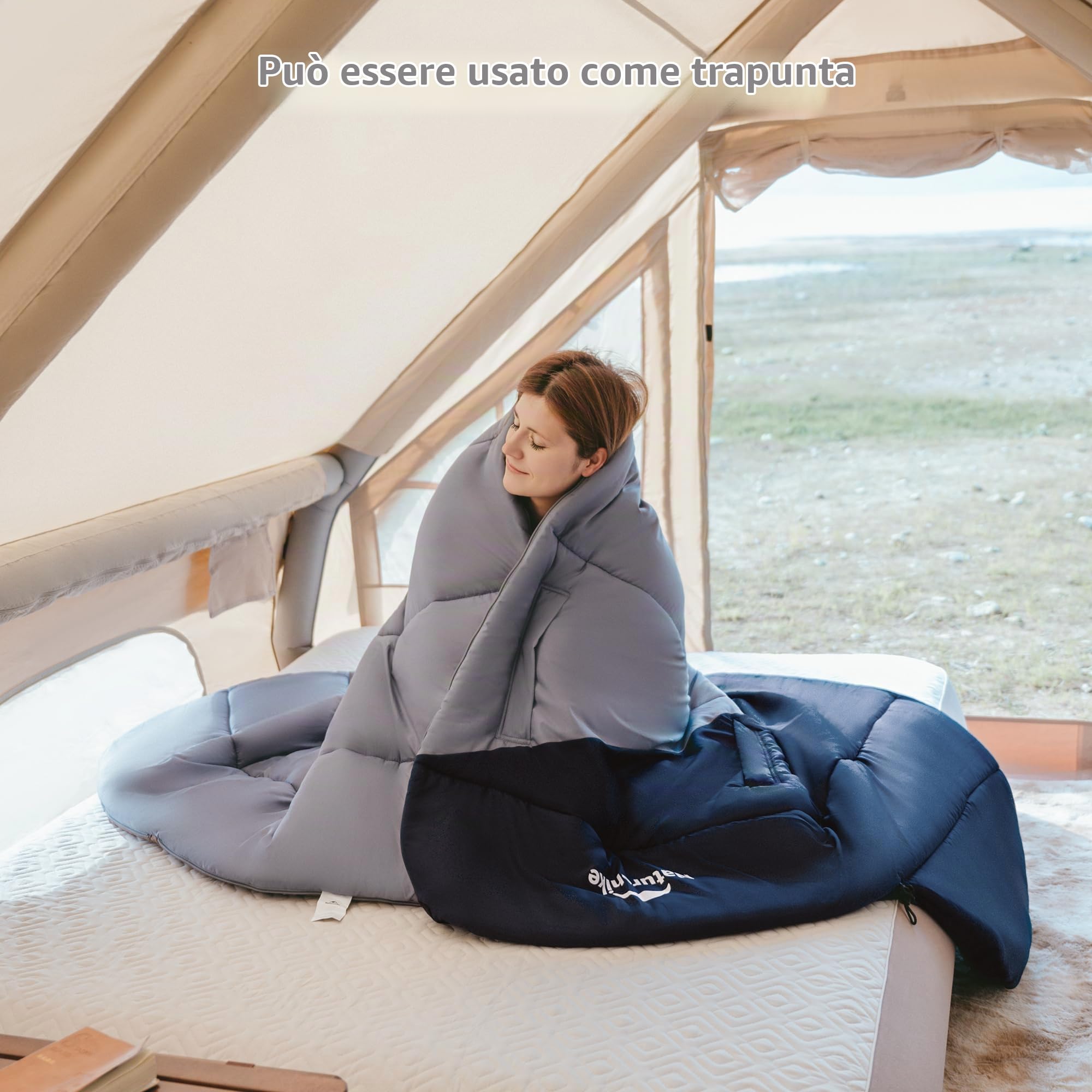 Naturehike Sacco a pelo con cappuccio per campeggio, leggero e confortevole, ideale per avventure all'aria aperta e viaggi (Blu scuro + Azzurro/Sinistro (8,5~4°C))