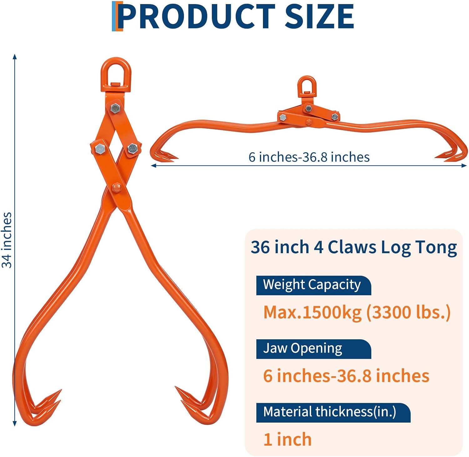 Takywep 2 Claw Log Grapple Tong, 3300 lbs Capacity Heavy Duty Steel Log Lifting Tongs with 36.8" Opening, Powder Coated Firewood Grabber Tool for Forestry and Outdoor Use