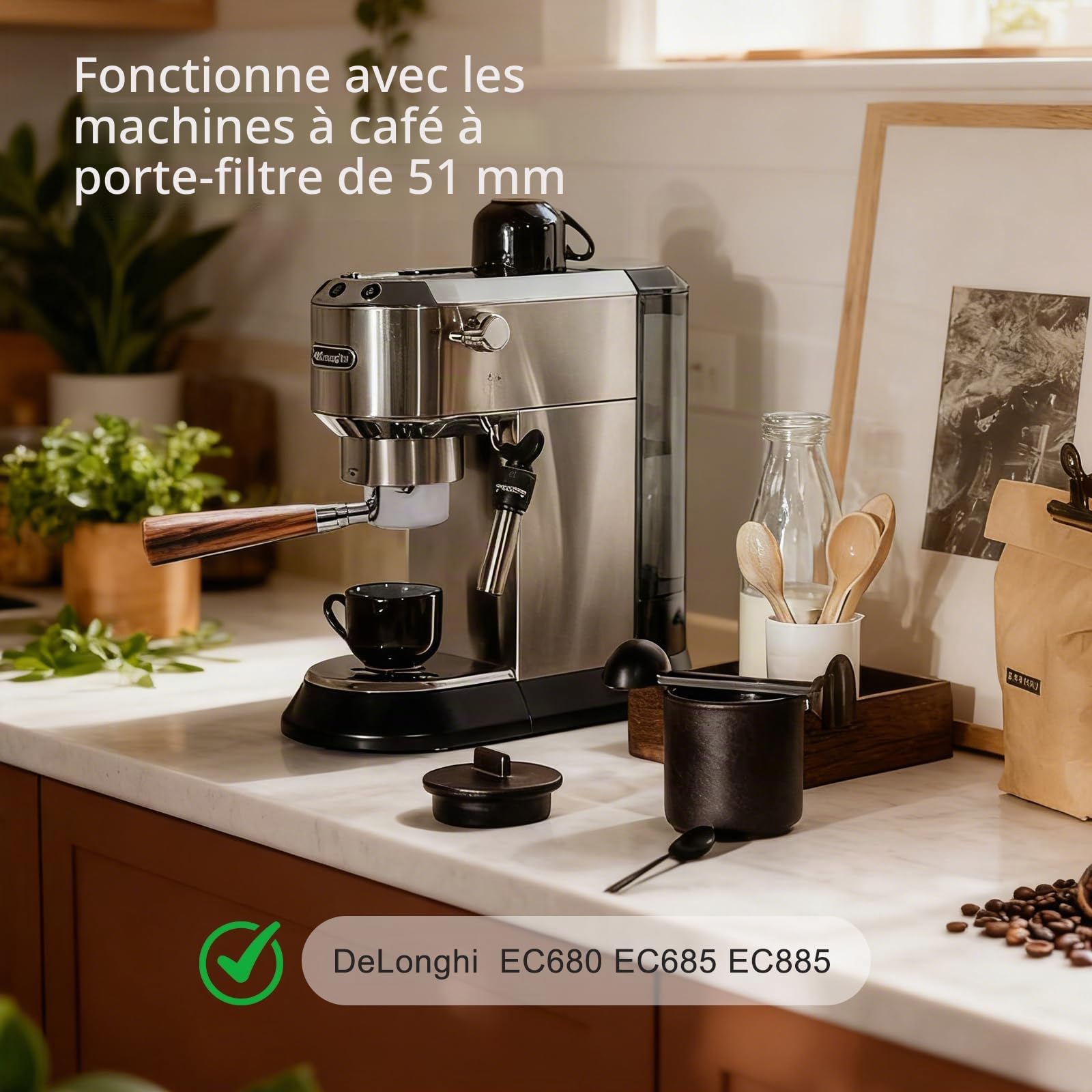 Porte-Filtre Sans Fond 51mm Compatible DeLonghi Dedica EC680/EC685/EC885, Poignée Espresso 3 Oreilles Acier Inoxydable avec Puck Screen & Entonnoir, Poignée Bois