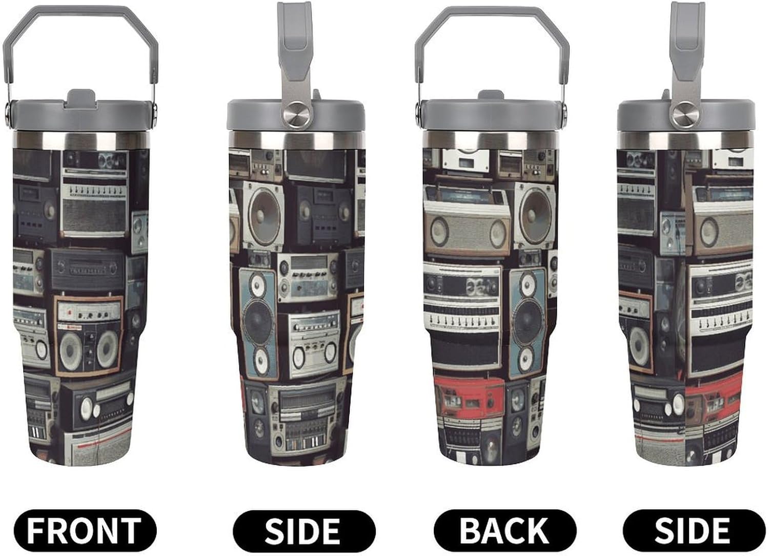 30oz Insulated Tumblers with Top Handle, Stainless Steel Vintage Wall of Radio Boombox Car Cup with Straw for Gift, Leak-Proof Double Wall Vacuum Travel Mug, Personalized Water Bottles White