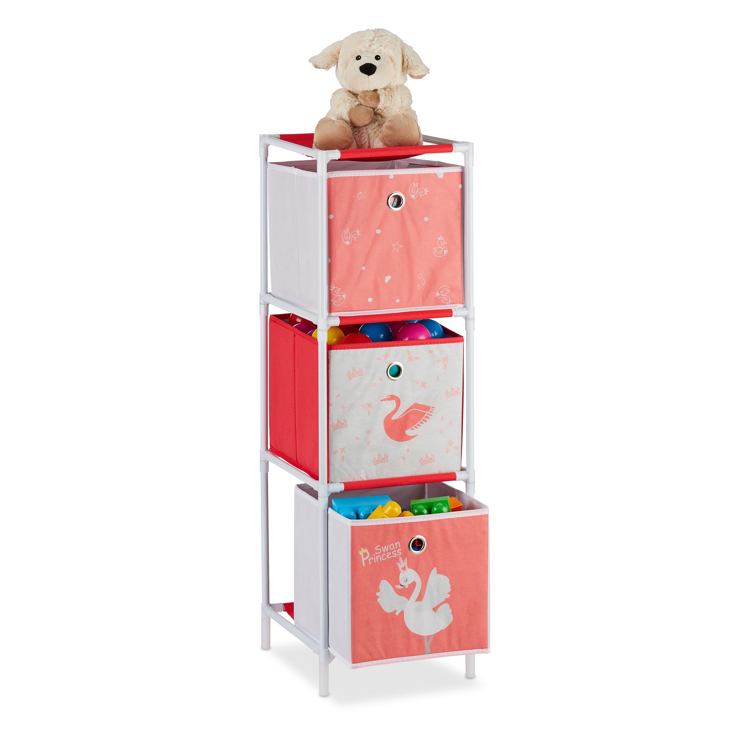 Relaxdays Scaffale per Giocattoli con 3 Scatole, Bambini Bambine Design Swan Princess HBT 89x27,5x30 cm, Bianco/Rosso