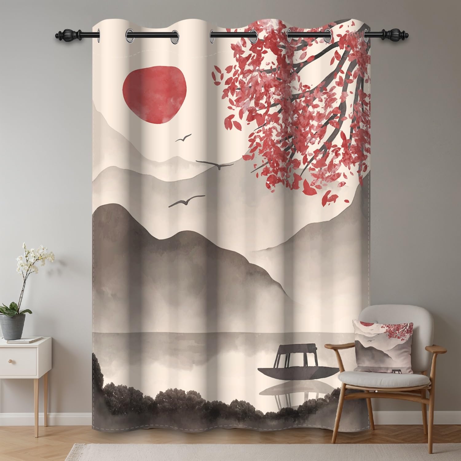 132x214cm Peinture à l'encre Traditionnelle Rideau à œillets Montagne Soleil Arbre Peinture Chinoise Paysage Thermique Séparations Occultant Rideaux pour Chambre Salon Bureau,1 Panneau Simple