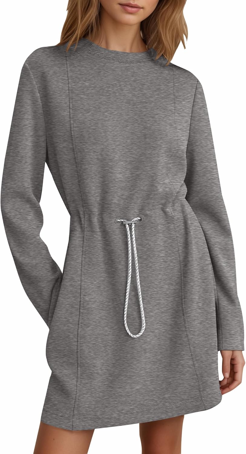 COCOMARTS Womens Casual Long Sleeve Crewneck Sweatshirt Dress Drawstring Waistband Tunic Tops Vacation Mini Dresses 2025 Fall