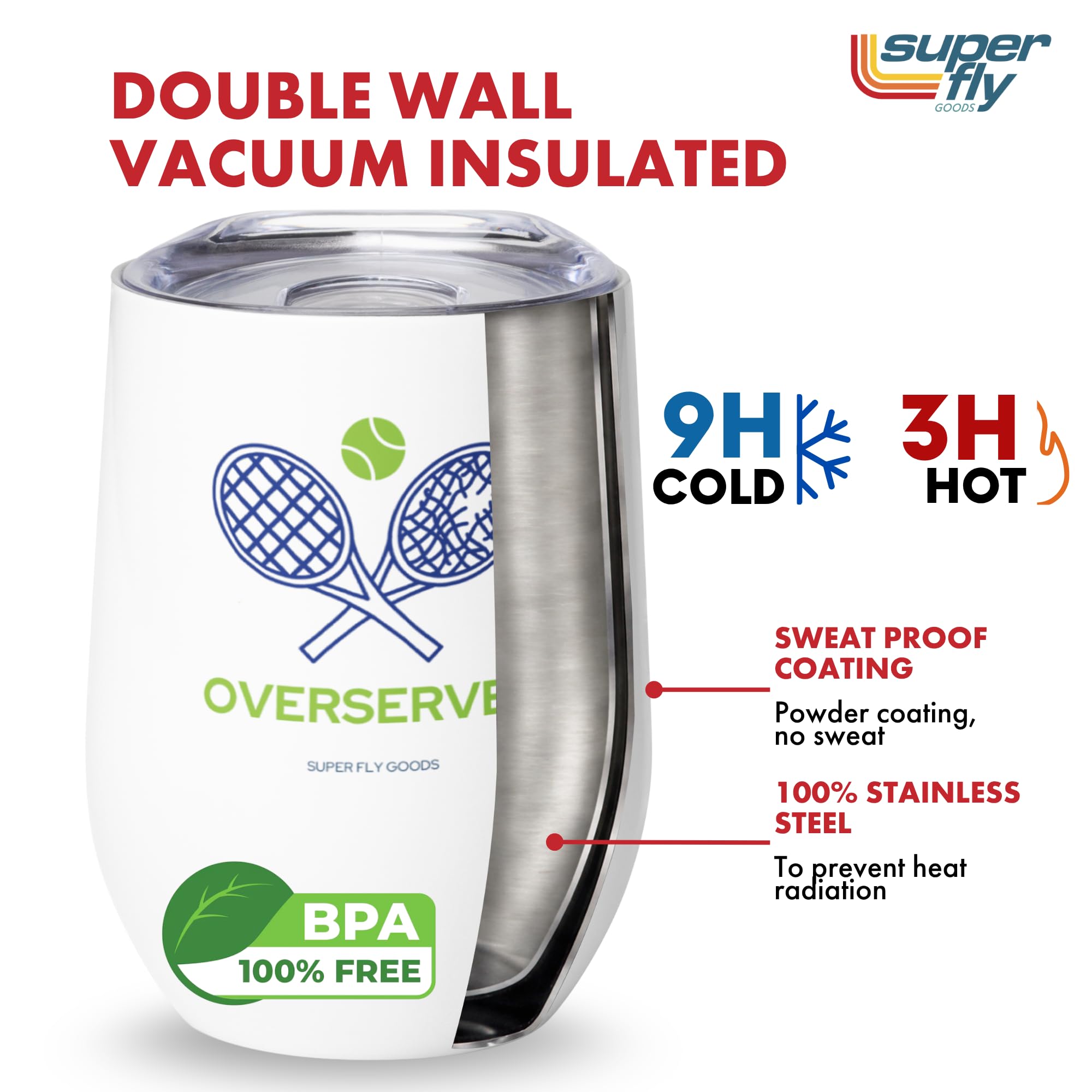 Super Fly Goods - 12 oz Tennis Mug – Insulated Stainless Steel Tumbler with Lid | Keeps Beverages Hot or Cold | Cool Gifts for Women, Dad & Players, Unique Gift Idea (Tennis)